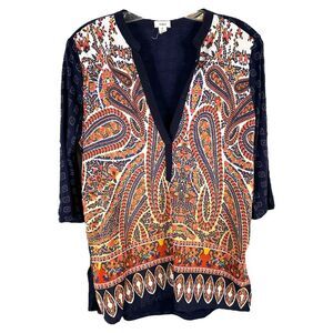 Anthropologie Moth Small Top Paisley Print Orange Navy Blue V Neck Tunic 1141
